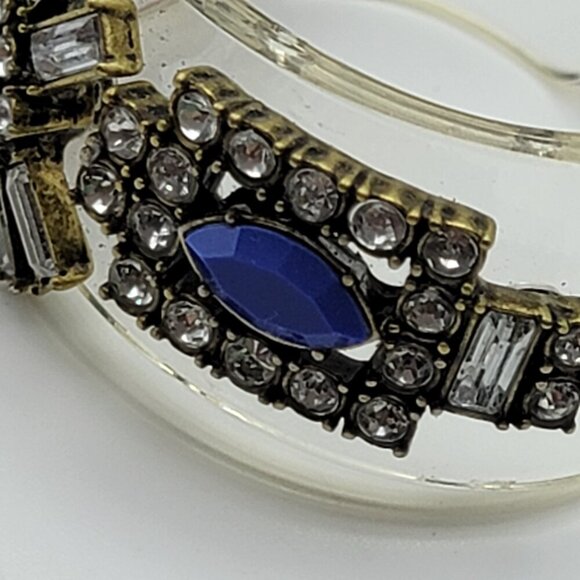 J.Crew Blue Crystal Clear Acrylic Cuff Bracelet Open Statement Art Deco 5.5" - Picture 2 of 5